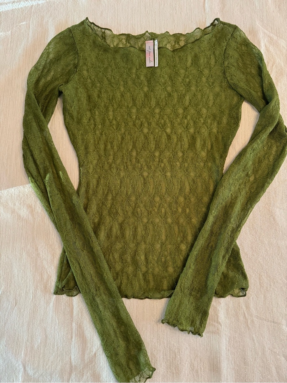 Urban Outfitters Sheer Olive Green Long-Sleeve Lace Top - size XS